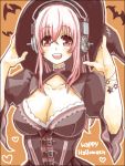  1girl blush breasts cleavage cleavage_cutout halloween hat headphones large_breasts long_hair looking_at_viewer nitroplus open_mouth pink_hair red_eyes smile solo super_sonico warai witch_hat 