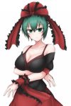  1girl alternate_costume alternate_hair_length alternate_hairstyle bare_shoulders breast_hold breasts cleavage collarbone contemporary green_eyes green_hair hair_ribbon highres kagiyama_hina kuroba_rapid large_breasts looking_at_viewer ribbon short_hair simple_background smile solo touhou upper_body white_background 