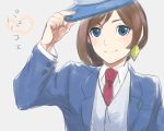  1girl blue_eyes brown_hair formal gyakuten_saiban hat jewelry mksb_(3548) naruhodou_minuki naruhodou_ryuuichi naruhodou_ryuuichi_(cosplay) necktie red_necktie short_hair single_earring smile solo suit upper_body white_background 