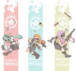  3girls bike_shorts blood bloody_weapon commentary domino_mask emblem fangs fingerless_gloves glock gloves green_hair gun handgun holding inkling jarv knife long_hair mad_max mad_max:_fury_road mask mechanical_arm multiple_girls orange_hair pistol pointy_ears purple_hair rifle shell_casing sks splatoon squid t-shirt tank_top tentacle_hair weapon wrench 