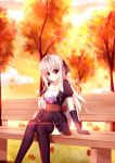  1girl bench highres long_hair looking_at_viewer original park_bench red_eyes sitting smile solo thigh-highs violet_(eightonemini) white_hair 