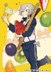  1boy blueberry cake flag food food_on_face fruit gloves gloves_removed green_eyes hotarumaru kiwifruit konnosuke male_focus official_art orange orange_slice oversized_object rururara silver_hair star strawberry touken_ranbu track_suit whipped_cream white_gloves 