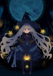  1girl blue_eyes blush full_moon hat lantern long_hair looking_at_viewer moon open_mouth original silver_hair solo twintails very_long_hair witch witch_hat yamadori_yoshitomo 