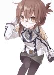  1girl bespectacled blazer brown_eyes brown_hair cosplay epaulettes folded_ponytail glasses gloves inazuma_(kantai_collection) kantai_collection katori_(kantai_collection) katori_(kantai_collection)_(cosplay) long_hair necktie orqz pantyhose riding_crop skirt uniform 