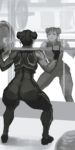  1girl ass barbell bodysuit chun-li double_bun exercise hair_ribbon highres mirror ribbon short_hair sleeveless solo squatting street_fighter street_fighter_zero thick_thighs thighs victor_bang weightlifting weights 