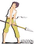  1boy bandages barefoot copyright_name earrings from_behind fukai_ni_nemuru_oujo_no_abaddon green_eyes jewelry kazama_kippei pants pants_rolled_up polearm purple_hair sakuraprin simple_background smile solo spear spiky_hair tank_top torn_clothes weapon white_background 