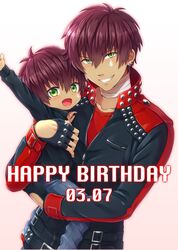  2boys blush brown_hair child dated dramatical_murder dual_persona fingerless_gloves gloves green_eyes grin happy_birthday jacket mizuki_(dramatical_murder) multiple_boys open_mouth short_hair smile time_paradox yaegorou younger 