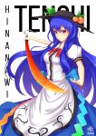 1girl artist_name blue_hair character_name food fruit hananon hat hinanawi_tenshi layered_skirt long_hair long_skirt looking_at_viewer parted_lips peach puffy_sleeves red_eyes ribbon short_sleeves simple_background skirt solo sword_of_hisou touhou white_background