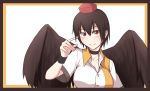  &gt;:) 1girl bird_wings black_border black_hair blush border breasts choker collared_shirt hat kuroba_rapid large_breasts looking_at_viewer red_eyes shameimaru_aya shirt short_hair smile solo tokin_hat touhou very_short_hair wings wristband 