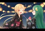  2girls :d ^_^ blonde_hair closed_eyes closed_mouth commentary_request crescent_hair_ornament crescent_moon green_eyes green_hair hair_ornament highres japanese_clothes kantai_collection kimono long_hair long_sleeves moon multiple_girls myao_(jumca_my) nagatsuki_(kantai_collection) open_mouth satsuki_(kantai_collection) shaved_ice smile twintails wide_sleeves yukata 