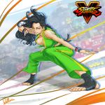  1girl ankle_wraps asymmetrical_hair barefoot black_hair bracelet breasts brown_eyes commentary cornrows crop_top feet fighting_stance grin highres jewelry laura_matsuda long_hair midriff no_shoes one_eye_closed pants shirt signature smile street_fighter street_fighter_v tape tied_shirt toeless_socks toes wallace_pires wavy_hair 