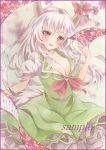  1girl border breasts cleavage colored_pencil_(medium) dress ex-keine gradient gradient_background green_dress head_tilt horn_ribbon horns kamishirasawa_keine long_hair looking_at_viewer marker_(medium) open_mouth potto_(minntochan) puffy_short_sleeves puffy_sleeves red_eyes ribbon sample scroll short_sleeves silver_hair solo tail touhou traditional_media watercolor_(medium) 