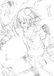  1girl cannon clenched_hand commentary_request grin hair_ornament hat highres kantai_collection maya_(kantai_collection) midriff miniskirt niwatazumi punching sketch skirt smile 