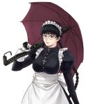  1girl azasuke black_hair black_lagoon breasts glasses gun looking_at_viewer maid roberta_(black_lagoon) shotgun simple_background solo spas-12 umbrella umbrella_gun weapon white_background 