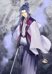  1boy artist_request assassin_(fate/stay_night) blue_hair fate/grand_order fate_(series) hair_ribbon hakama holding_sword holding_weapon japanese_clothes long_hair looking_at_viewer official_art ribbon solo sword upscaled violet_eyes waifu2x weapon 