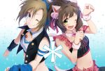  2girls animal_ears artist_request breasts brown_hair cat_ears cat_tail green_eyes headphones idolmaster idolmaster_cinderella_girls maekawa_miku midriff multiple_girls one_eye_closed open_mouth over_the_collar short_hair smile tada_riina tail 