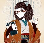  1girl black_hair blue_eyes book bow commentary_request empty_eyes floral_background glasses hair_bow hair_ribbon hanaze haori japanese_clothes key kimono looking_at_viewer nail_polish obi original red-framed_glasses ribbon sash sleeves_past_wrists solo striped striped_background wavy_hair 