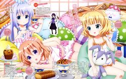  3girls absurdres bed black_hair blonde_hair blue_eyes cookie cup food gochuumon_wa_usagi_desu_ka? highres hoto_cocoa kafuu_chino kirima_sharo lavender_hair long_hair multiple_girls official_art pillow purple_hair ribbon-trimmed_underwear ribbon_trim short_hair stuffed_animal stuffed_bunny stuffed_toy teacup tippy_(gochuumon_wa_usagi_desuka?) underwear violet_eyes 