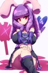  1girl animal_ears bangs blush breast_suppress breasts chuchu_(show_by_rock!!) cleavage commentary_request crossed_legs dress huge_breasts kneehighs purple_hair rabbit_ears red_eyes ringlets show_by_rock!! sitting smile solo tokyo_(great_akuta) v_arms 