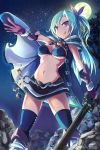  1girl :q bikini_top breasts cape full_moon gloves green_hair highres long_hair loup moon navel night original outstretched_arm skirt solo star_(sky) sword thigh-highs tongue tongue_out violet_eyes weapon 