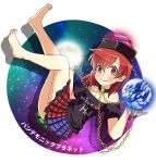 1girl bare_shoulders barefoot chain clothes_writing collar earth_(ornament) hat hecatia_lapislazuli highres moon_(ornament) red_eyes redhead shirt skirt smile solo space t-shirt touhou ximsol182 