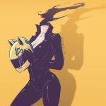  1girl animal_helmet black_gloves bodysuit breasts celty_sturluson chromatic_aberration clockwork-cadaver durarara!! gloves headless headwear_removed helmet helmet_removed motorcycle_helmet smoke solo watermark web_address yellow_background 