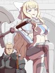  1boy 1girl armor axe benoit_(fire_emblem_if) blonde_hair blue_eyes bow breasts charlotte_(fire_emblem_if) cleavage fire_emblem fire_emblem_if hair_bow long_hair polearm weapon 