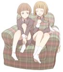  2boys ^_^ armchair bob_cut brown_eyes brown_hair cape chair closed_eyes hirano_toushirou itou_(mogura) maeda_toushirou male_focus multiple_boys necktie open_mouth pillow pillow_hug plaid shorts sitting smile touken_ranbu 