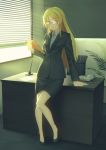  1girl ayase_eli blonde_hair blue_eyes chair chromatic_aberration clipboard desk formal glasses long_hair looking_at_viewer love_live!_school_idol_project nagareboshi office office_lady pencil_skirt phone skirt skirt_suit solo suit window 