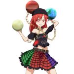  1girl bare_shoulders belt cato_(monocatienus) chain clothes_writing collar earth_(ornament) hat hecatia_lapislazuli moon_(ornament) navel red_eyes redhead shirt simple_background skirt smile solo t-shirt touhou white_background 