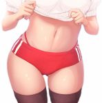  1girl breasts brown_legwear buruma close-up gym_uniform highres imizu_(nitro_unknown) lifted_by_self navel original panties red_panties revision shirt_lift simple_background solo stomach thigh-highs thong underwear white_background 