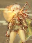  1boy armor cape girlsay green_eyes hair_flaps highres hotarumaru japanese_armor male_focus military military_uniform ootachi short_hair shorts silver_hair sode solo sword touken_ranbu uniform weapon 