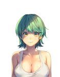  1girl blush breasts character_request cleavage commentary_request green_hair honeyyun korean large_breasts looking_at_viewer shiny shiny_skin short_hair simple_background solo tank_top upper_body white_background yellow_eyes 