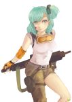  1girl 23_(kms23) absurdres aqua_eyes aqua_hair armband asymmetrical_clothes bandaid belt bow bulma cowboy_shot dragon_ball fingerless_gloves gloves goggles goggles_around_neck gun hair_bow highres pouch revision single_pantsleg solo t-shirt weapon 