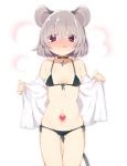  1girl akagashi_hagane animal_ears bare_shoulders blush bra breath choker full-face_blush gem grey_hair heart heart-shaped_pupils looking_at_viewer midriff mouse_ears mouse_tail navel nazrin off_shoulder open_clothes open_shirt panties red_eyes shirt short_hair simple_background smile solo sweat symbol-shaped_pupils tail tattoo tongue tongue_out touhou underwear white_background 