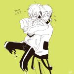  2boys blush carrying chahora_(siki_dos) ene_(kagerou_project) facial_mark genderswap headphones kagerou_project konoha_(kagerou_project) male_focus multiple_boys one_eye_closed partially_colored short_hair track_jacket yellow_background 