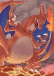  blue_eyes charizard claws fangs fiery_tail fire highres no_humans open_mouth pokemon pokemon_(creature) smoke tesshii_(riza4828) wings 