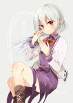  1girl bow dress jacket kishin_sagume long_sleeves open_clothes open_mouth ponpoko purple_dress red_eyes shirt short_hair silver_hair single_wing solo touhou wings 