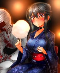  +_+ 1boy 1girl absurdres admiral_(kantai_collection) backlighting black_hair blood bloody_clothes blush breasts collarbone cotton_candy hair_ornament hairclip haruna_(kantai_collection) heart highres holding japanese_clothes jewelry kantai_collection kimono large_breasts leaning_forward long_hair necklace nosebleed obi open_mouth print_kimono ring sash sitting tsukui_kachou upper_body wedding_band yukata 