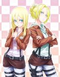  2girls annie_leonhardt belt blonde_hair blue_eyes christa_renz copyright_name hands_together jacket looking_at_another loup multiple_girls shingeki_no_kyojin short_hair suspenders thigh_strap uniform 