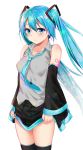  1girl aqua_eyes aqua_hair bare_shoulders black_legwear covered_nipples detached_sleeves hatsune_miku headphones highres long_hair mujakuma necktie skirt skirt_lift sleeveless smile solo thigh-highs twintails very_long_hair vocaloid zettai_ryouiki 