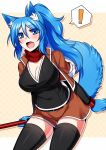  ! 1girl animal_ears black_legwear blue_eyes blush breasts checkered checkered_background cleavage fang fox_ears fox_tail fur holding jacket konshin leaning_forward long_hair open_mouth original ponytail red_scarf scarf smile solo spoken_exclamation_mark tail thigh-highs zettai_ryouiki 