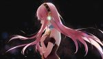  1girl bare_shoulders black_background blue_nails glowing hand_on_own_chest headphones highres long_hair megurine_luka nail_polish number pink_hair profile samfree_(&quot;night&quot;_songs) sano_takayuki_(samfree) satonishi solo tears upper_body very_long_hair vocaloid 
