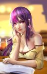  1girl artist_name book breasts cleavage collarbone commentary drink earrings glass hand_on_own_cheek highres humanization jewelry large_breasts light_smile looking_at_viewer multicolored_hair my_little_pony my_little_pony_friendship_is_magic open_book pink_hair purple_hair sangrde see-through shirt twilight_sparkle two-tone_hair violet_eyes watermark web_address yellow_shirt 