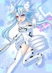  1girl ahoge axe blanc blue_hair elbow_gloves gloves highres leotard neptune_(series) open_mouth power_symbol red_eyes sakaki_jin&#039;ya short_hair_with_long_locks sidelocks symbol-shaped_pupils thigh-highs weapon white_heart 