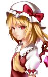  1girl amaoto_machi ascot blonde_hair crystal flandre_scarlet hat hat_ribbon looking_at_viewer mob_cap puffy_sleeves red_eyes ribbon shirt short_sleeves side_ponytail simple_background solo touhou upper_body vest white_background wings 
