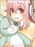  1girl blush fang headphones long_hair looking_at_viewer nitroplus open_mouth pink_hair red_eyes smile solo stuffed_animal stuffed_toy super_sonico teddy_bear toy warai 