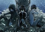  3boys charlotte_(anime) evil_smile hoodie looking_at_viewer monochrome multiple_boys multiple_persona nakadome otosaka_yuu school_uniform short_hair sitting smile takoyaki tree yellow_eyes 