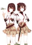 2girls airplane brown_eyes brown_hair hand_on_hip hyuuga_(kantai_collection) ise_(kantai_collection) japanese_clothes kantai_collection multiple_girls ponytail red_(girllove) sheath sheathed short_hair sword weapon 