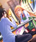  1boy 1girl apron bandaid black_legwear blonde_hair blurry blush box_stack brother_and_sister brown_eyes chin_rest chopsticks closed_eyes commentary_request depth_of_field doma_taihei doma_umaru dutch_angle eating facing_another food glasses highres himouto!_umaru-chan long_sleeves looking_at_another miniskirt nose_blush on_floor pants red_skirt rice_cooker school_uniform shirt siblings sitting skirt sliding_doors smile sunlight swordsouls table thigh-highs wariza white_shirt wooden_floor zettai_ryouiki 